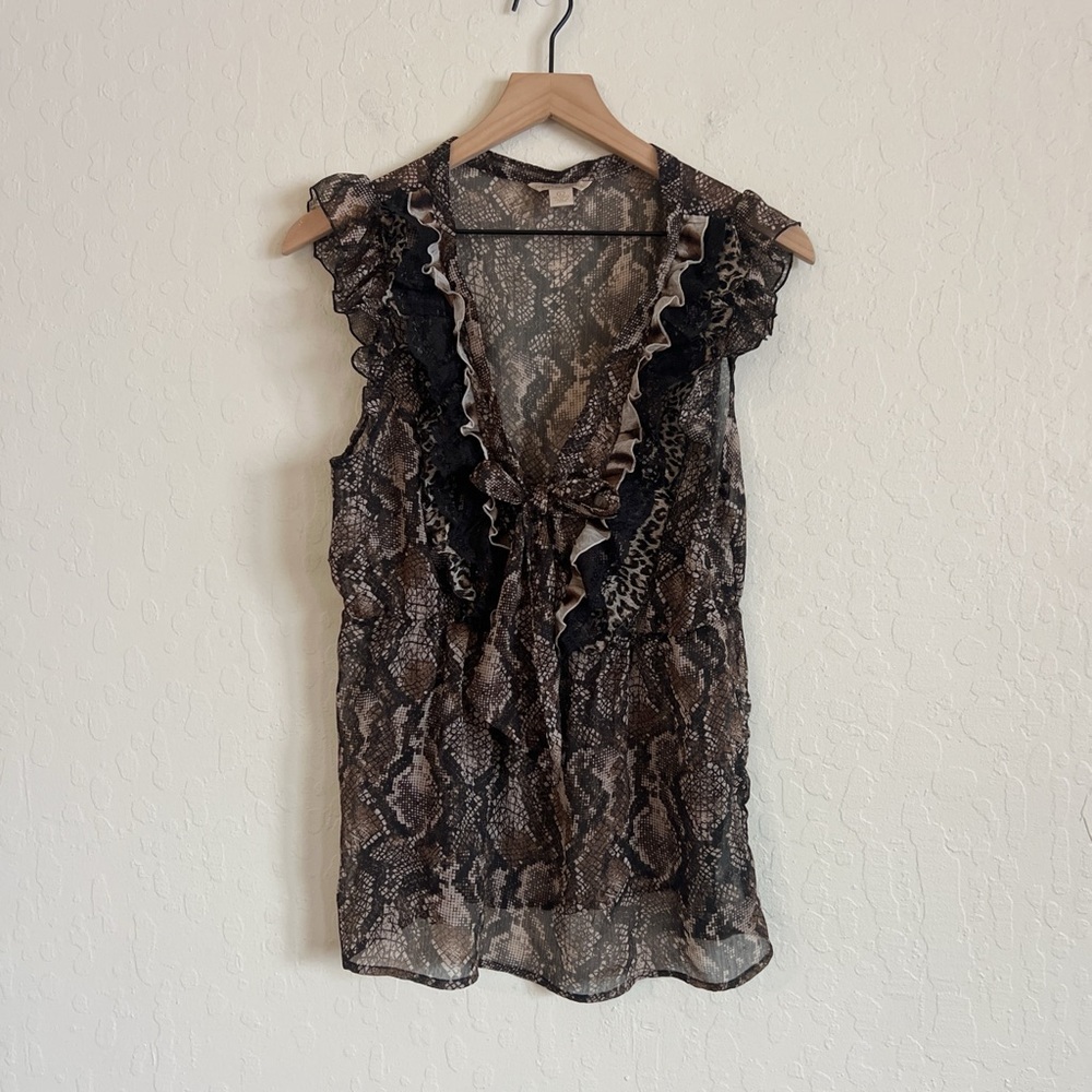 Vintage Y2K Jonathan Martin Ruffle V-Neck Bow Tie Babydoll Top Large Snake Print